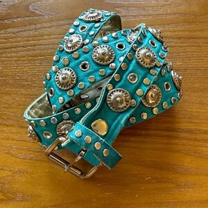 Vintage Sand Castle New York Green Metallic Leather Studded Turquoise/teal  Belt